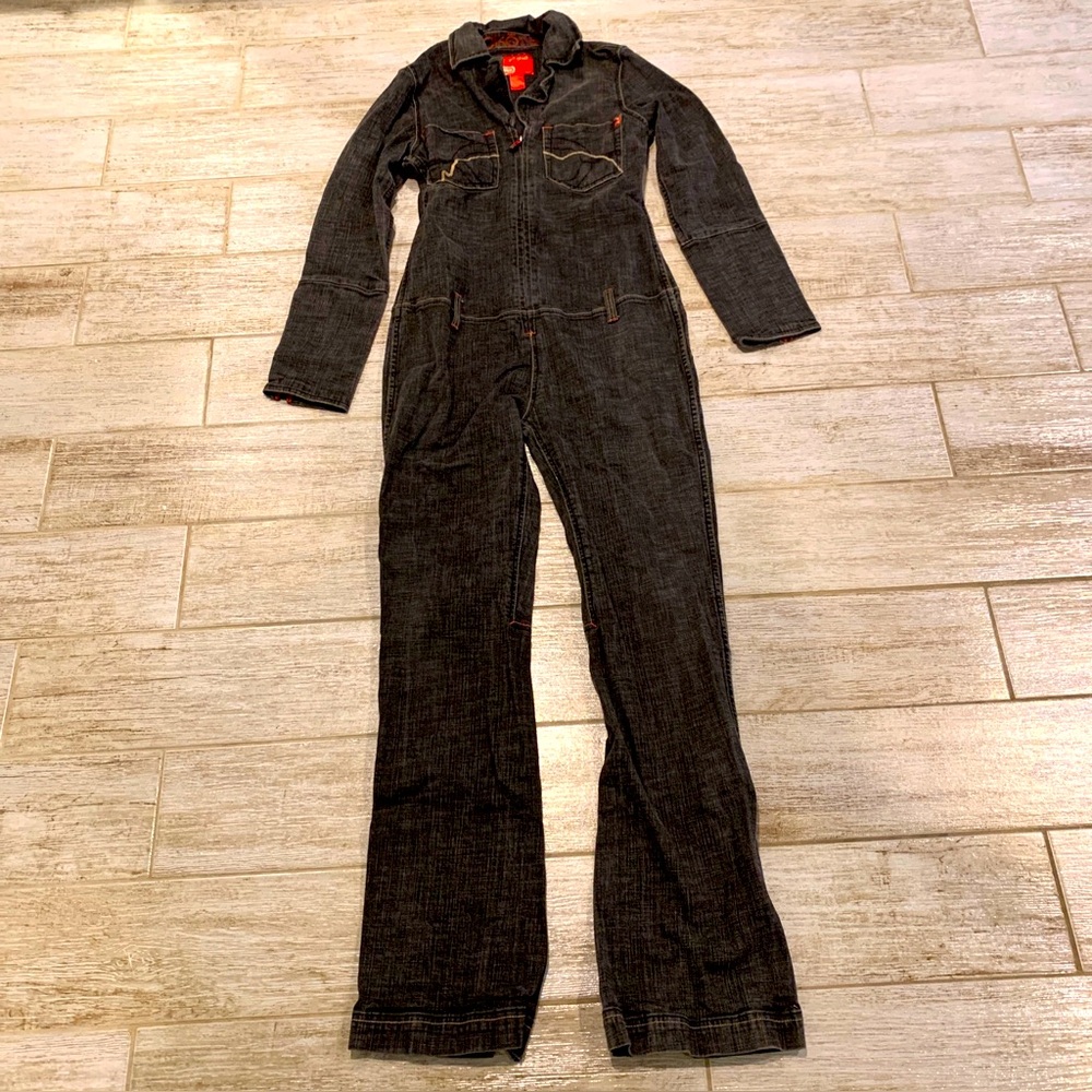 Ecko Red Denim Full Long Sleeve Jumpsuit Zip Red Stitch Sz Large